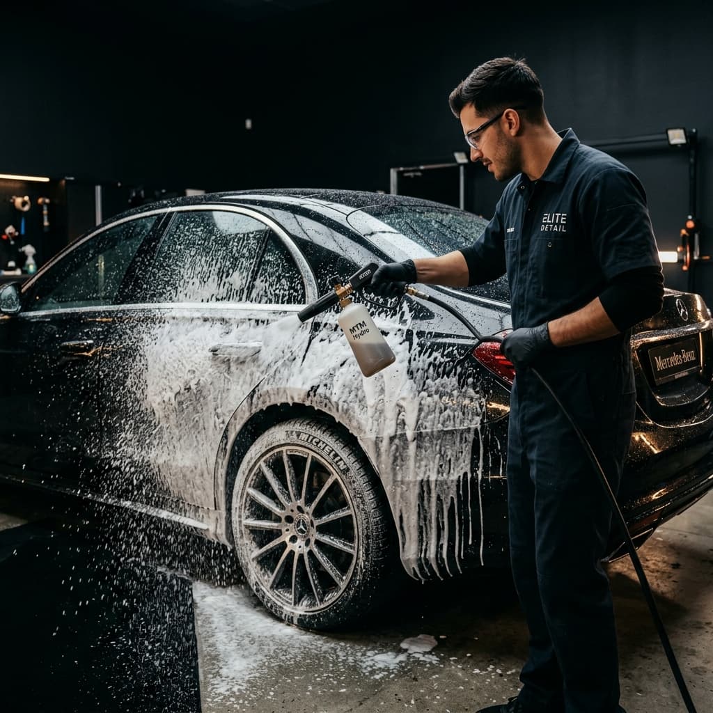 Professional detailer foam-gunning a car